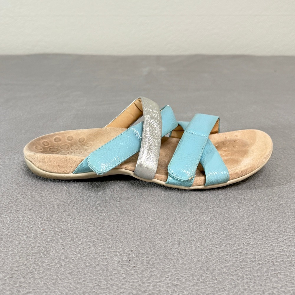 Vionic Hadlie Sandals Women 10 Blue Silver Leather Orthotic Slide Walking Shoes